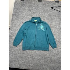 Silverwear Women Teal Zip Up‎ Sweatshirt Floral Graphic Mock Neck Size 2X